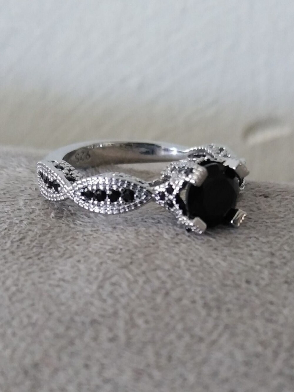 10k White Gold Over Silver 2 PC Onyx Solitaire W/Accents Eternity Ring Set Sz 10 - Picture 5 of 12